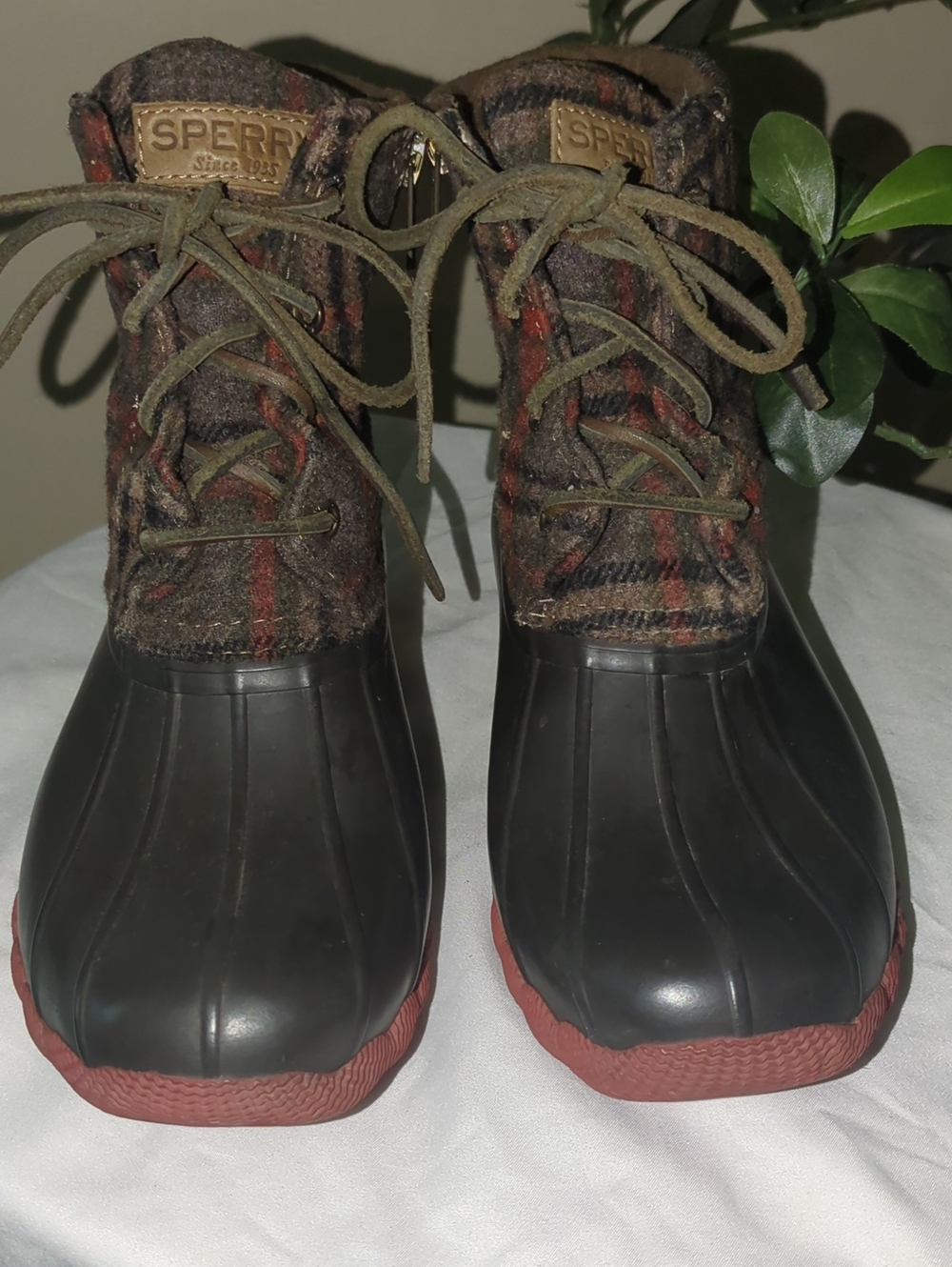 Sperry Women's Brown Rubber Duck Boots with Plaid Upper